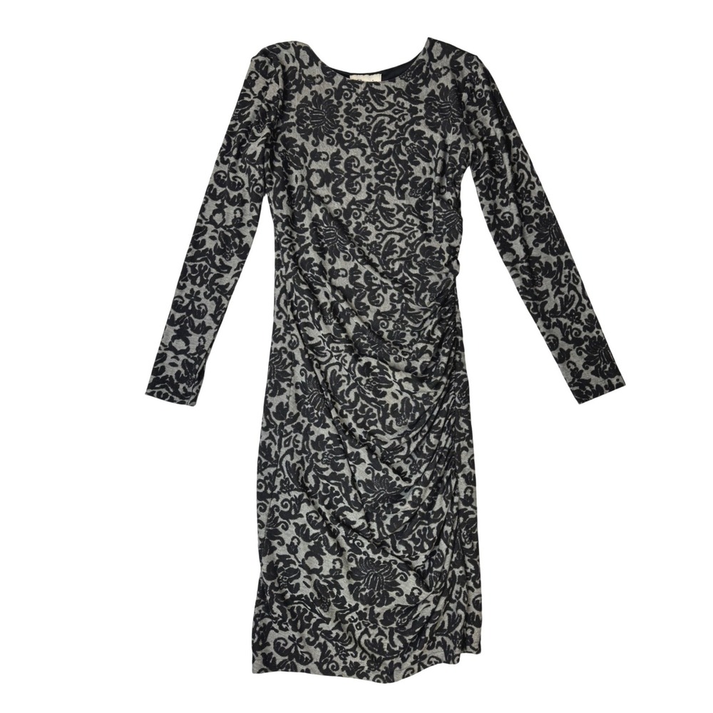 Ganni Monica Anthropologie Grey Black Damask Floral Ruched Long Sleeve Dress